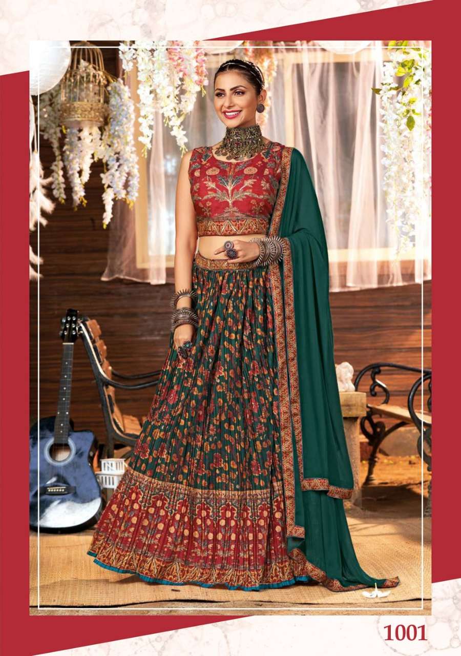 S3 Forever-Dholida-Floral Printe Manipuri Silk Crop Top With Hand Embroidery Work Umbrella Gher Silk Skirt AND Chiffon Dupatta Dupatta-1001-F